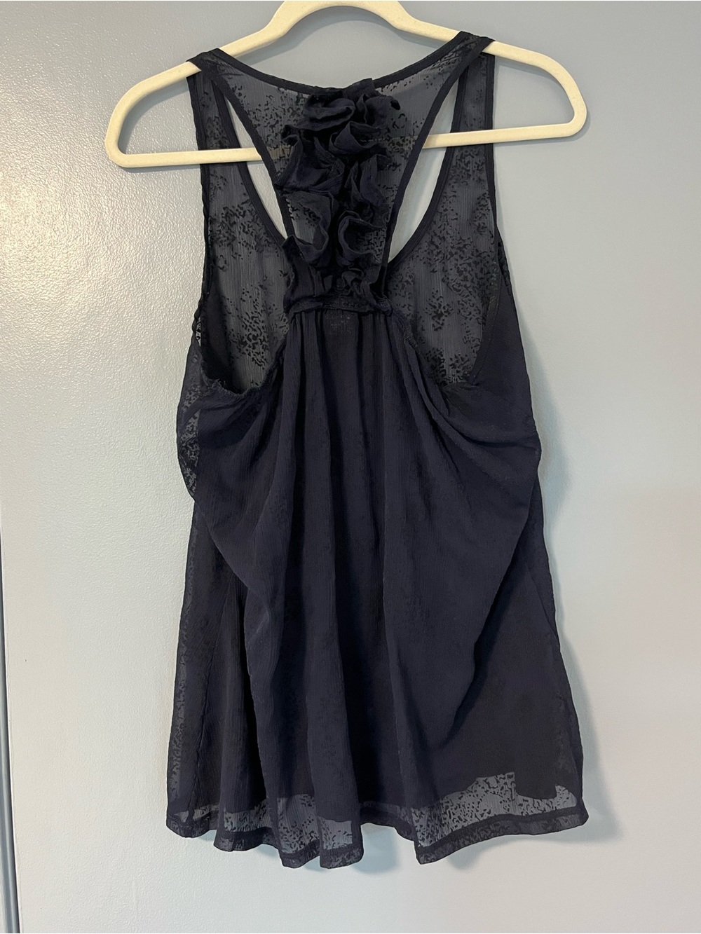 Vanity Navy Sheer Textured Tank with Ruffled Accent on Back Size XL